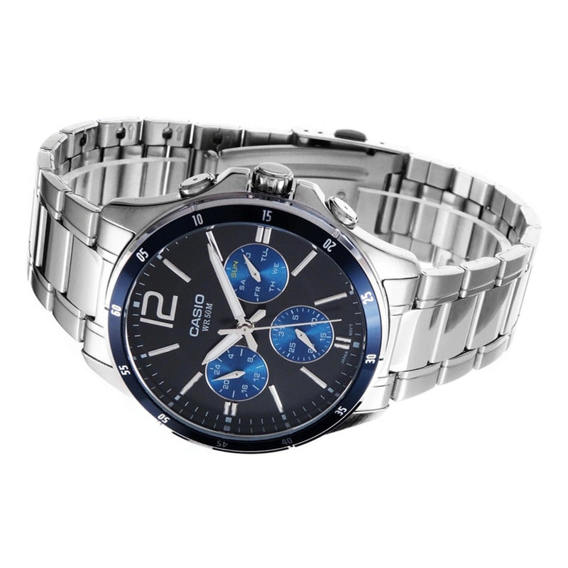Reloj Casio Mtp1374d-2avdf Cuarzo Hombre Color De La Correa Plateado Color Del Bisel Negro Color Del Fondo Azul Marino