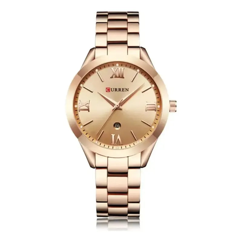 Reloj Curren 9007 Para Mujer Con Fecha Correa Oro Rosa Bisel Oro Rosa Fondo Oro Rosa