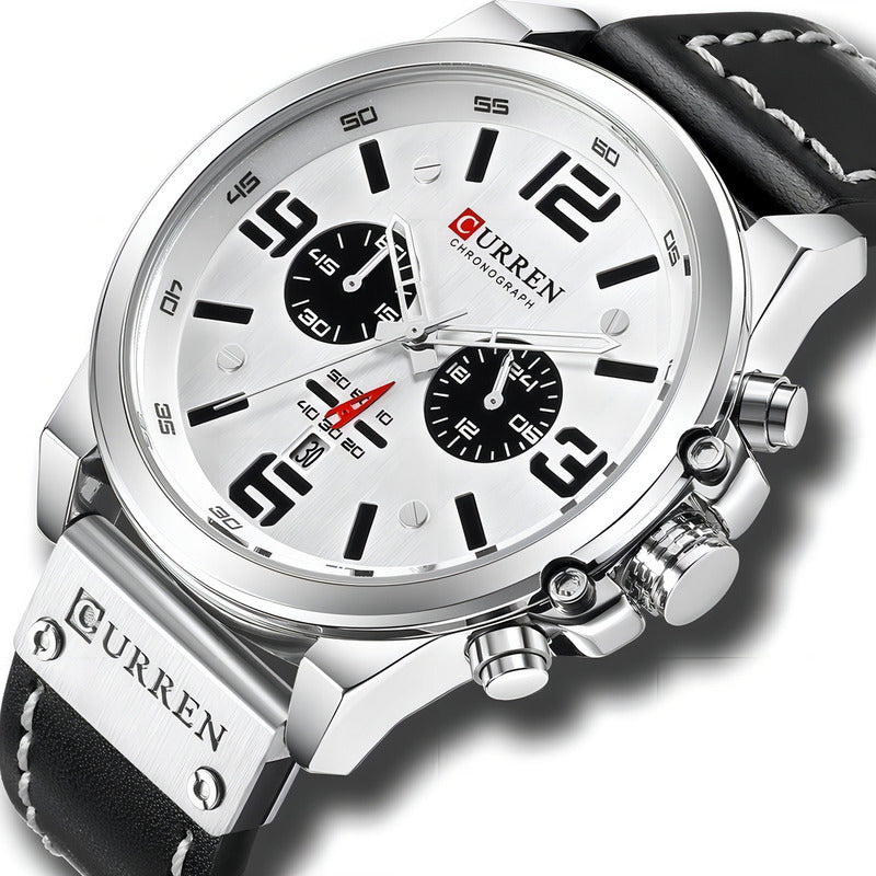 Reloj De Cuero De Lujo Curren Para Hombre Chronograph 8314-1 Color Del Bisel Blanco Negro