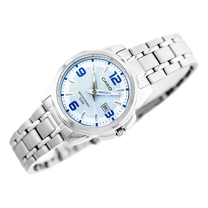 Reloj Casio Para Mujer Ltp-1314d De Acero Inoxidable Con Fechador Plateado Celeste