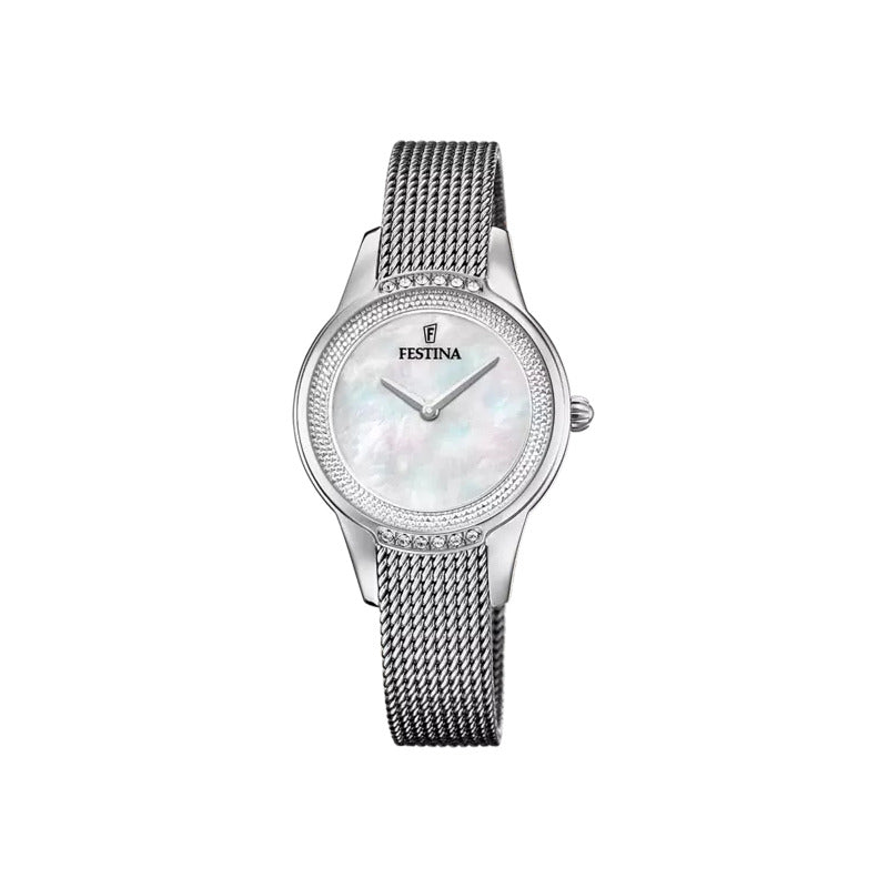 Reloj Festina Mademoiselle Para Mujer Con Malla Plateada Y Fondo Nacarado Plateado Blanco Nacarado