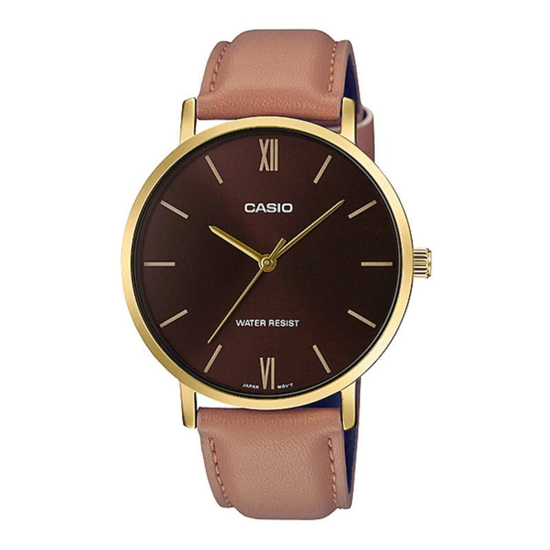 Reloj Pulsera Casio Mtp-vt01 Con Correa De Cuero Color Marrón - Bisel Dorado