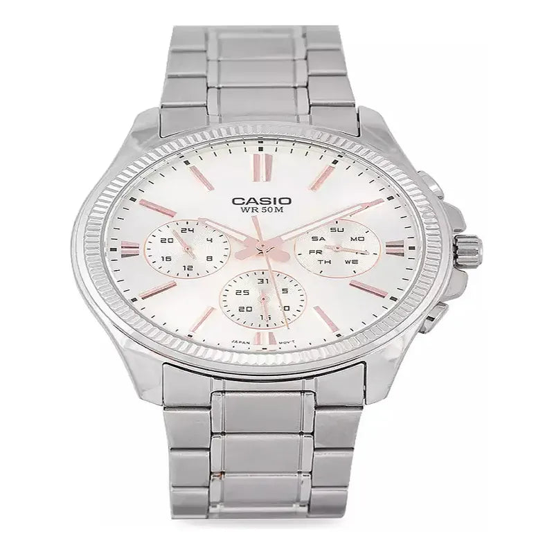 Reloj Casio Mtp-1375d-7a2vdf Para Hombre, De Acero Inoxidable, Con Cronógrafo Plateado Beige
