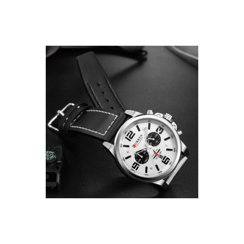 Reloj Curren Cr 8314 Hombre Cuero Negro Chrono Blanco