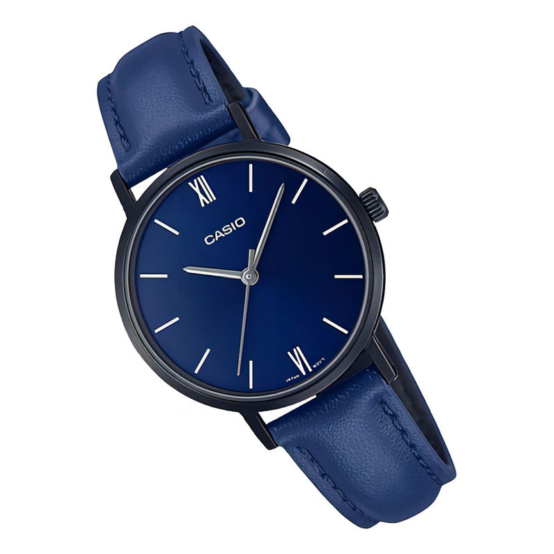 Reloj Casio Dama Ltp-vt02bl-2a Banda De Cuero Resiste El Agua Color De La Correa Azul Marino
