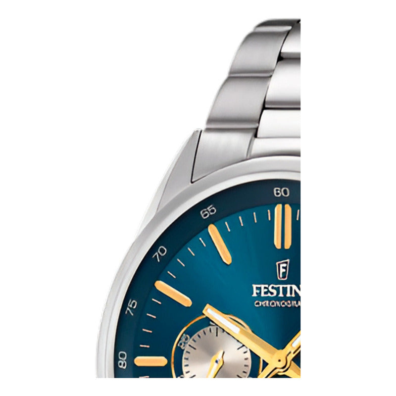 Reloj Festina Timeless F16820.c Hombre Acero Inoxidable Malla Plateado Bisel Plateado Fondo Celeste