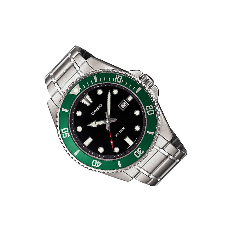 Reloj Casio Hombre Mdv-107d-3a Analogico Acero Inox Color Plateado Y Verde Negro