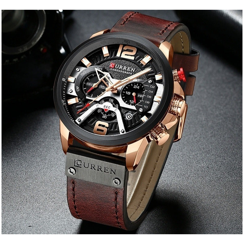 Reloj Pulsera Curren 8329 Con Correa De Cuero Color Marrón - Fondo Negro - Bisel Negro/gris
