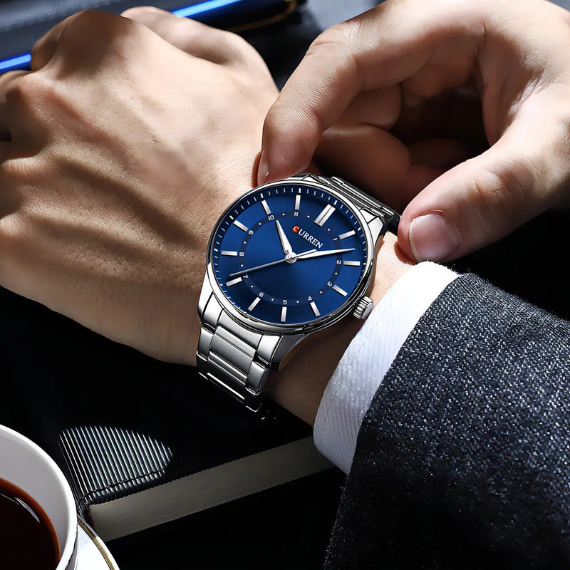 Relojes Casuales De Cuarzo Inoxidable Curren 8430 Para El Hogar Con Fondo Plateado/azul Negro