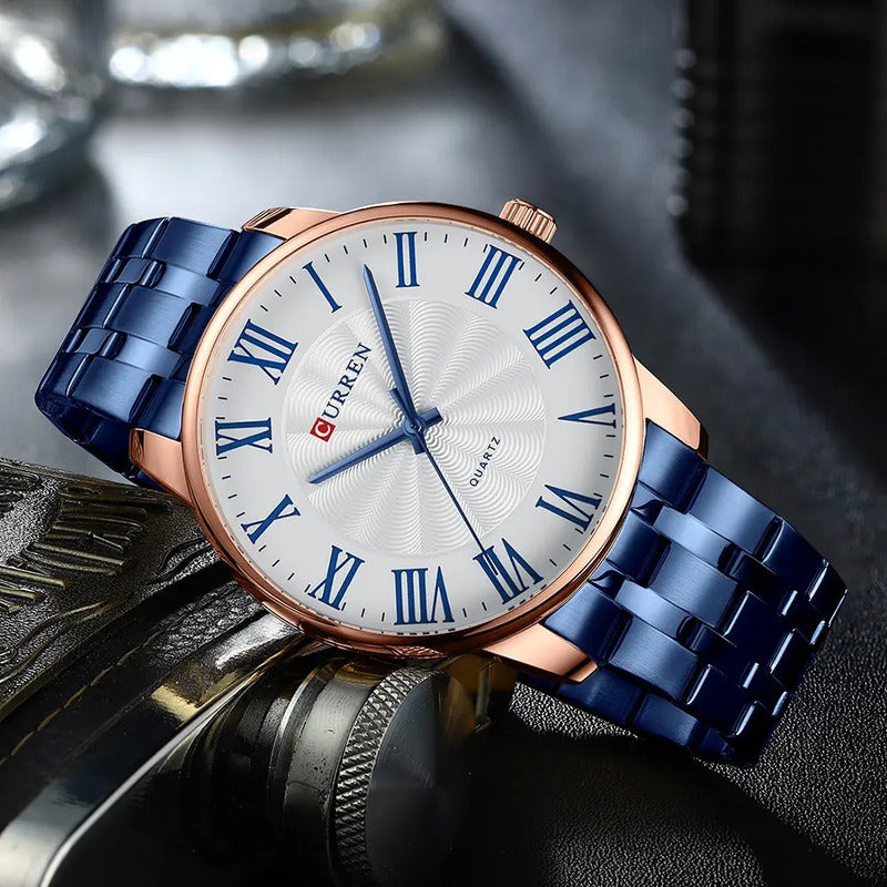 Reloj De Hombre De Negocios Con Esfera Grande Curren8422 Fondo Rose Blue Azul Dorado