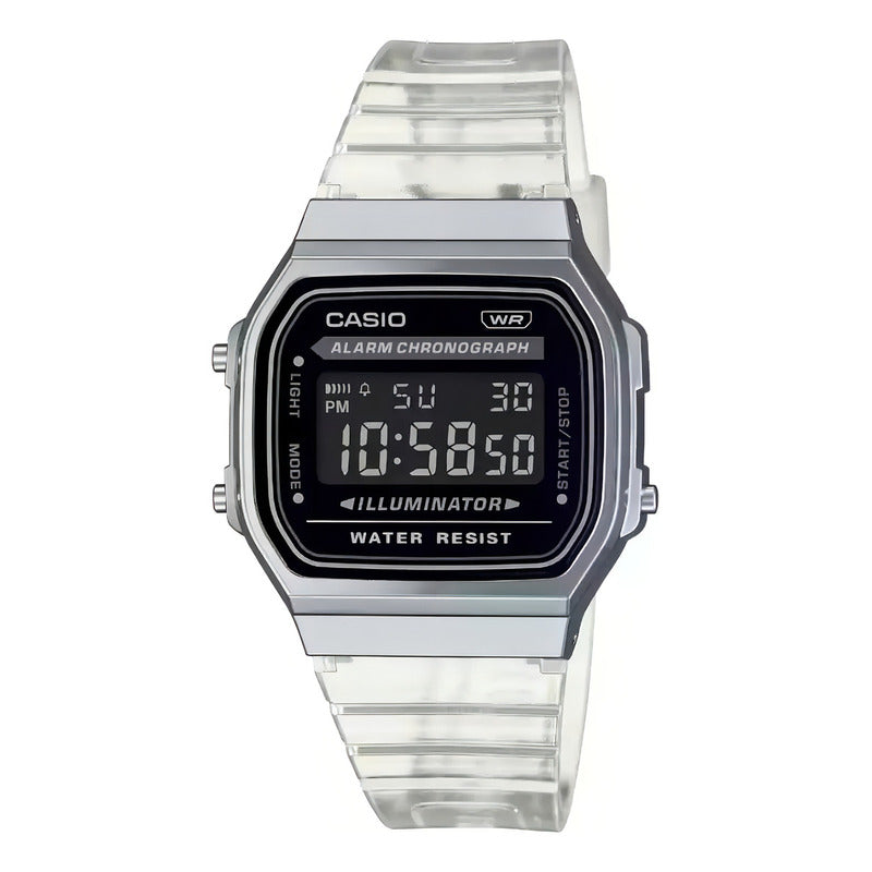 Reloj Digital Casio Vintage A168xes-1b Correa Transparente Resina Trasparente Gris Negro