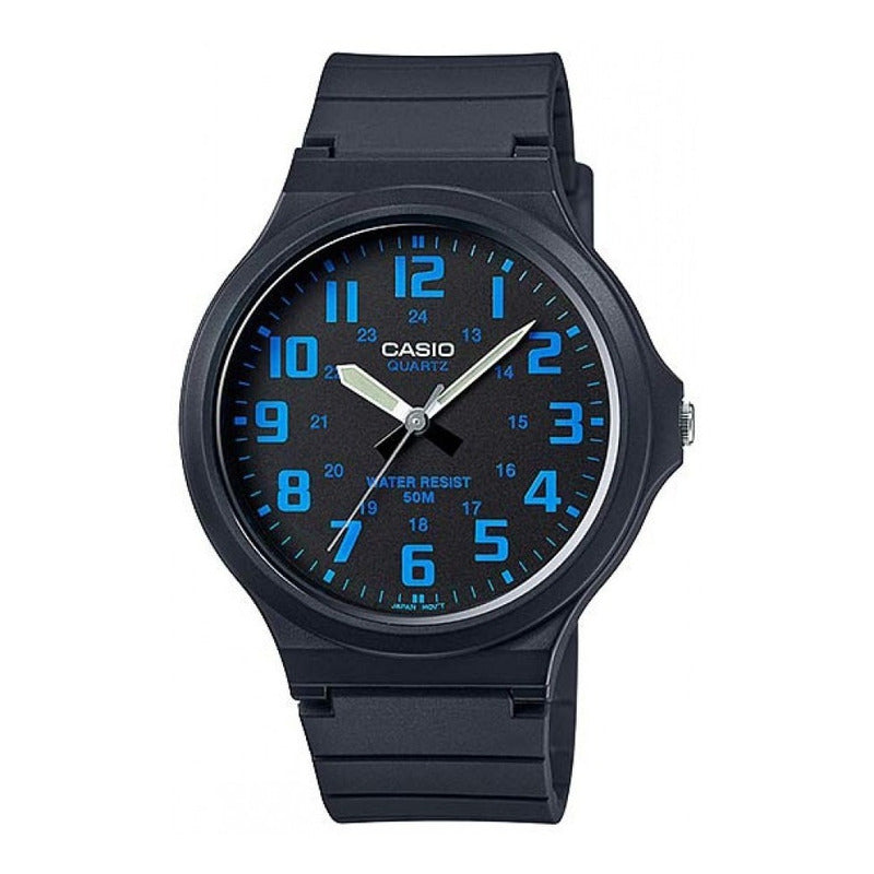 Reloj De Pulsera Casio Youth Mw-240-2bv Con Cuerpo Negro, Analógico, Para Hombre, Fondo Negro, Con Correa De Resina Negra, Fondo Azul Cielo, Bisel Negro Y Hebilla Sencilla