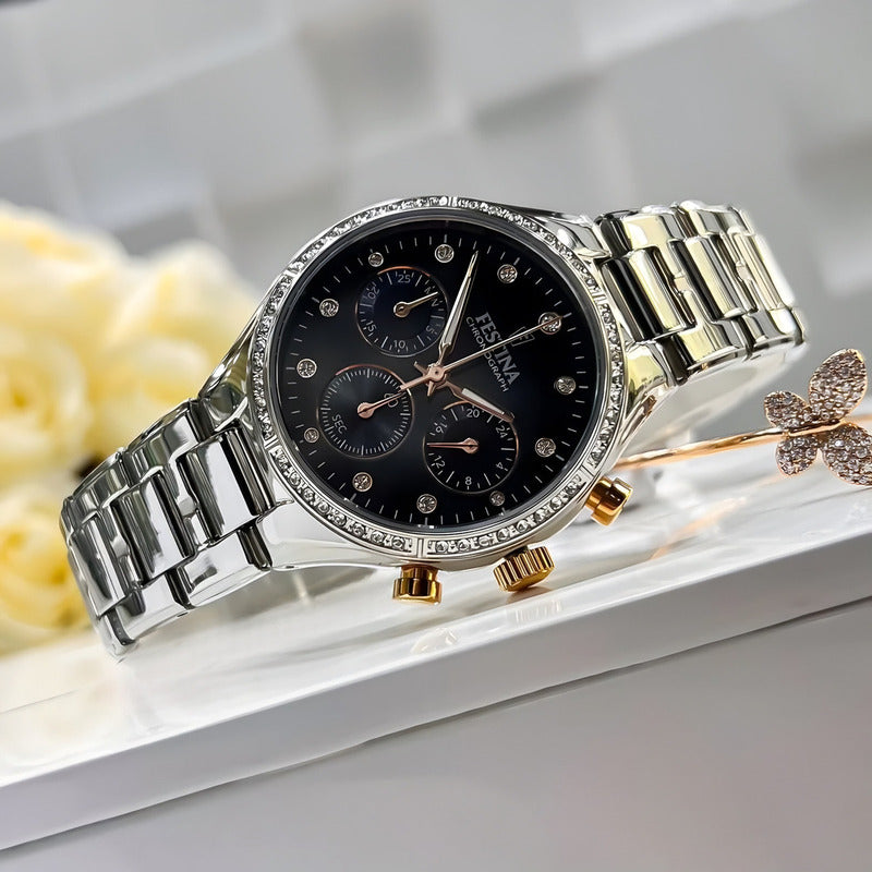 Reloj Festina Mujer Cronometro Con Piedras F20401/4 Plateado Plateado Negro Nacarado