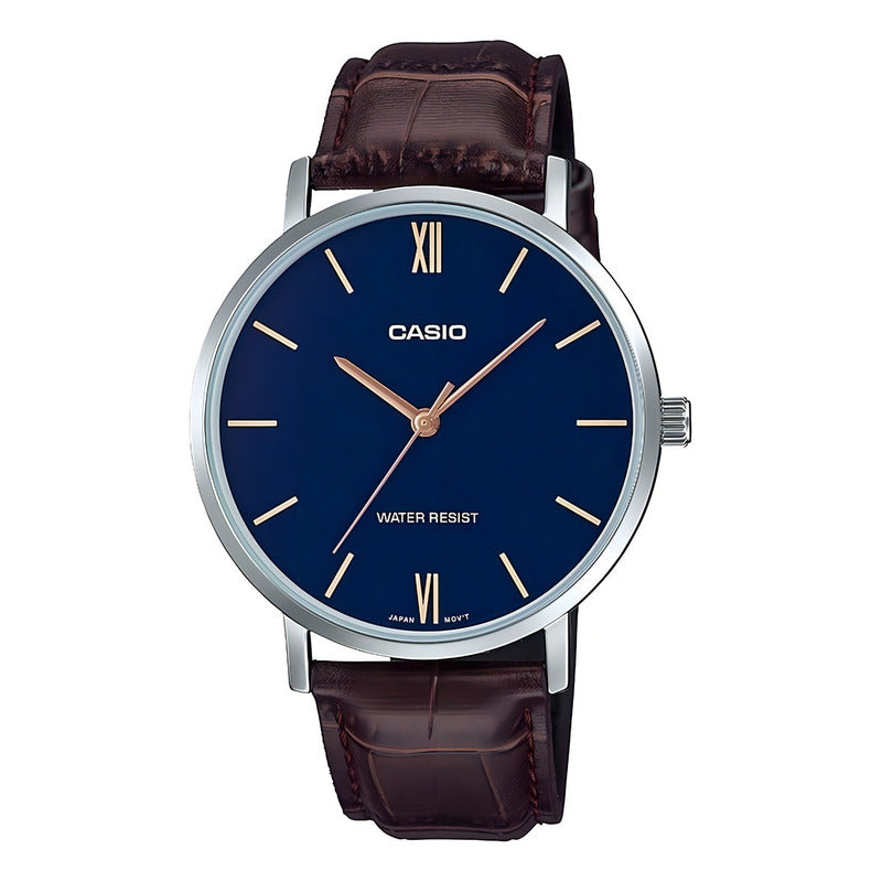 Reloj De Pulsera Casio Dress Mtp-vt01l-2budf, Analógico, Para Hombre, Fondo Azul, Con Correa De Cuero Color Marrón, Agujas Color Dorado, Dial Dorado, Bisel Color Plateado Y Hebilla S