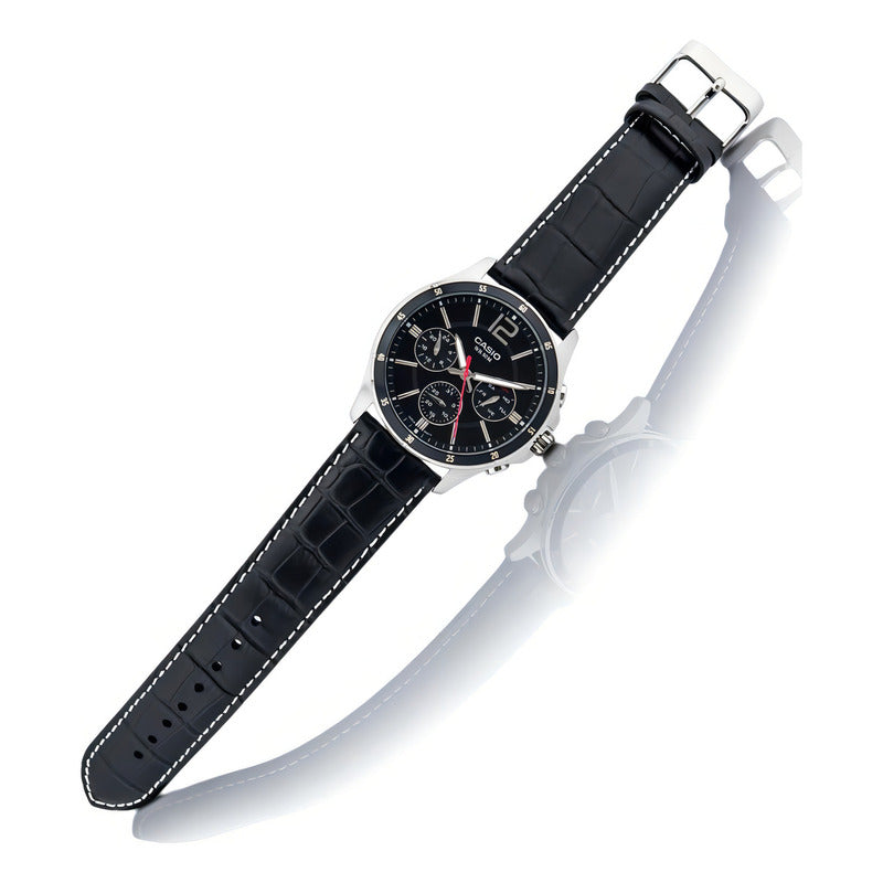 Reloj Casio Mtp-1374l-1a Hombre Multifuncion Acero Cuero 50m Wr Negro