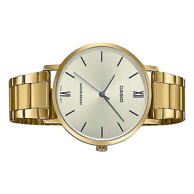Reloj Casio Clásico Análogo Para Mujer De Acero Inoxidable Dorado Con Fondo Blanco