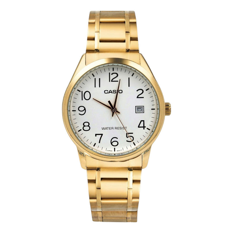 Reloj Pulsera Casio Mtp-v002g-7b2u Con Correa De Acero Inoxidable Color Dorado - Fondo Blanco