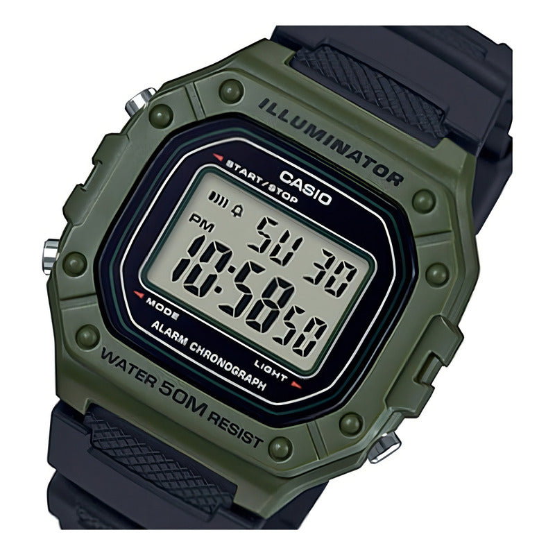 Reloj De Pulsera Casio Youth W-218h-3a, Digital, Para Hombre, Fondo Gris, Con Correa De Resina Color Negro, Dial Negro, Minutero/segundero Negro, Bisel Color Verde, Luz Ámbar Y Hebi