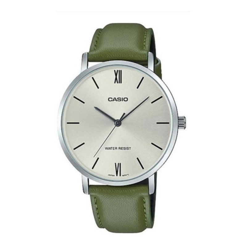 Reloj De Pulsera Casio Dress Mtp-vt01l-3b Relojesymas Verde Plateado