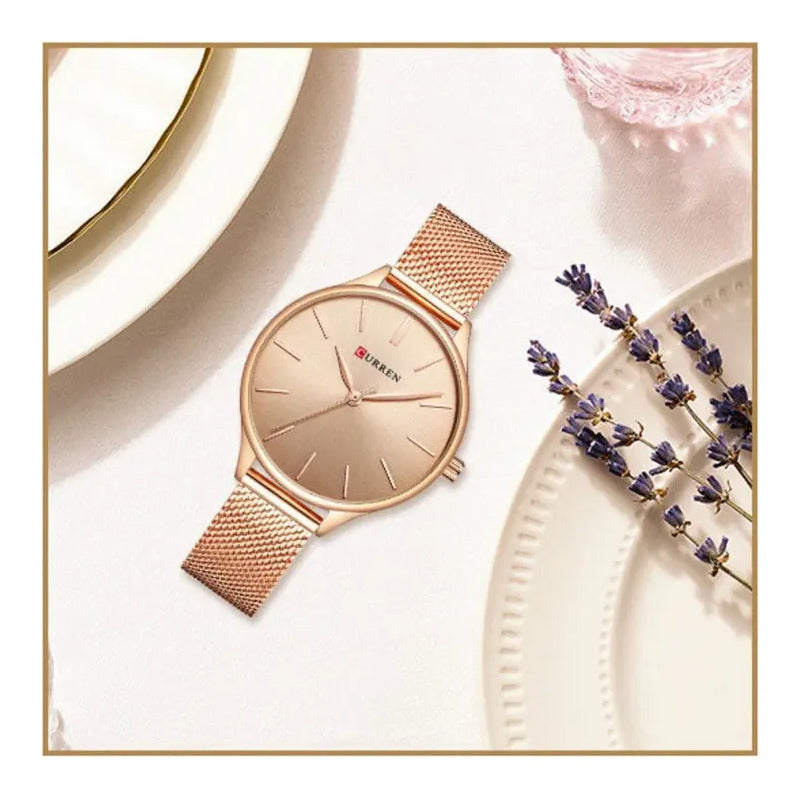 Relojes Curren 9024 Mesh Belt Quartz Para Mujer Correa Rose Dorado White