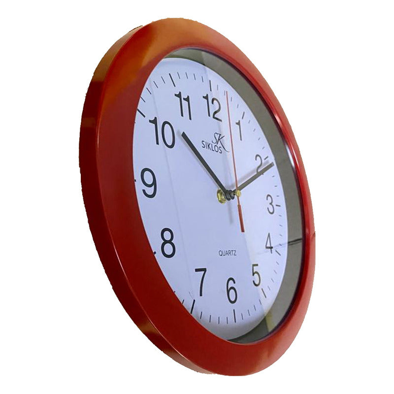 Reloj De Pared Analógico Siklos Gb8110 Rojo 28cm Vintage Silencioso Blanco
