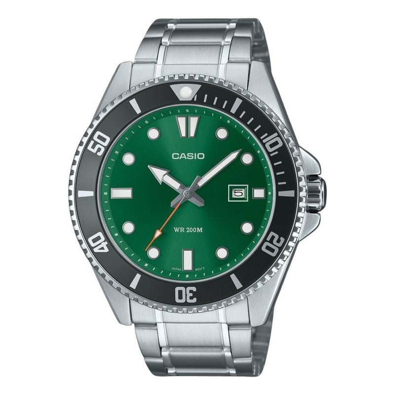 Reloj Casio Hombre Mdv-107d-3a2v Sumergible Original Plateado Plateado Verde