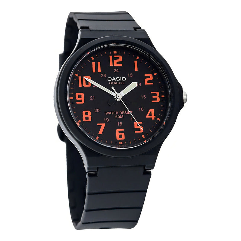 Reloj De Pulsera Casio Youth Mw-240-4bv Con Cuerpo Negro, Analógico, Para Hombre, Negro Deshecho, Con Correa De Resina Negra, Subesferas Naranjas, Manecilla Del Bisel Y Hebilla Negras.