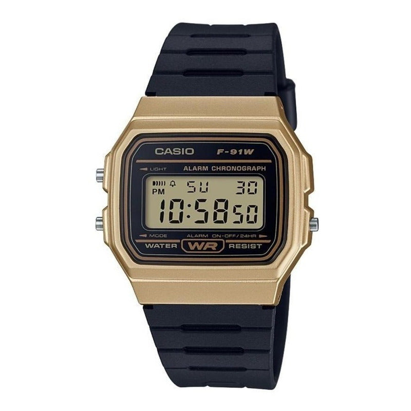 Reloj De Pulsera Casio Collection F-91wm-9a De Cuerpo Color Dorado, Digital, Para Hombre, Fondo Dorado, Con Correa De Resina Color Negro, Dial Negro, Bisel Color Negro Y Hebilla