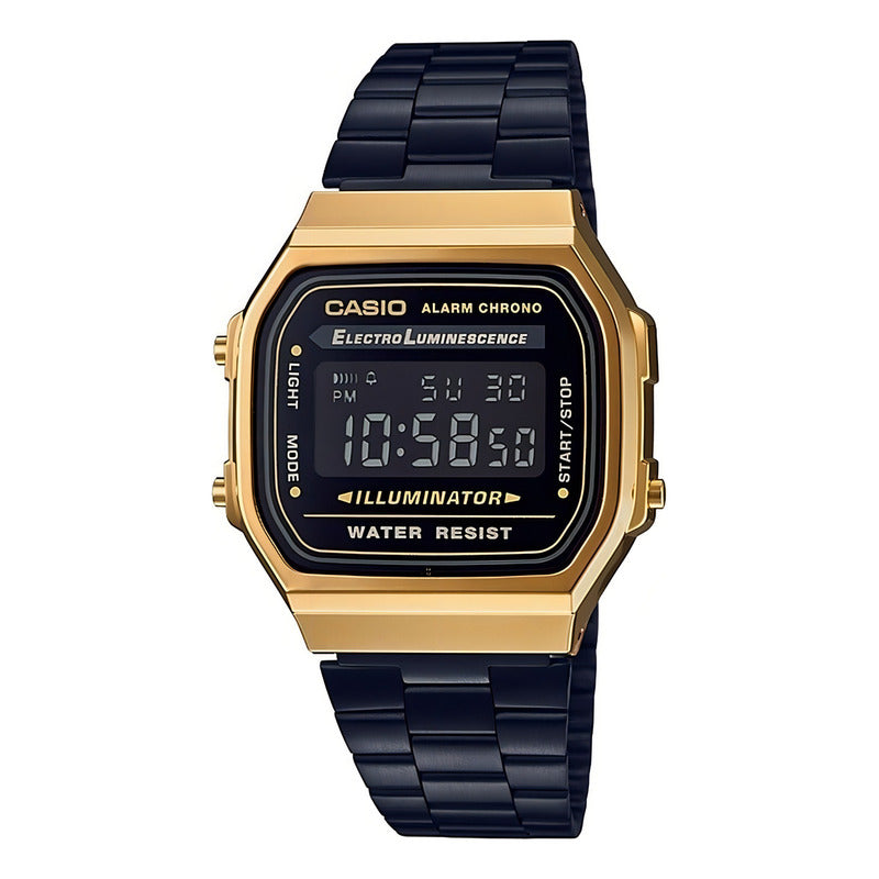 Reloj Pulsera Digital Casio A-168wegb-1b Con Correa De Acero Inoxidable Color Negro - Bisel Dorado