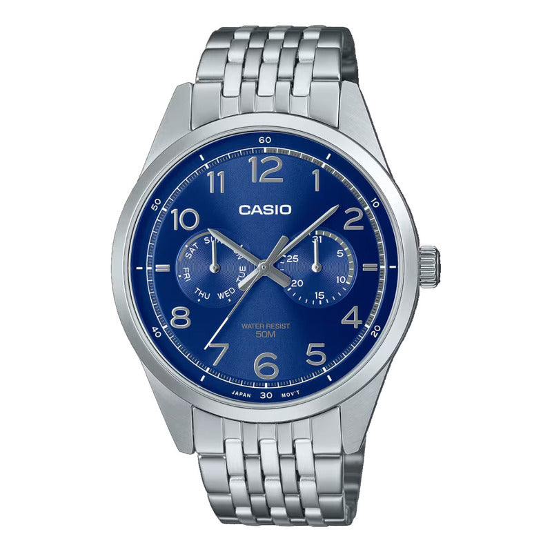 Reloj Pulsera Metal Casio Enticer Mtp-e340d-2av Original Plateado Azul