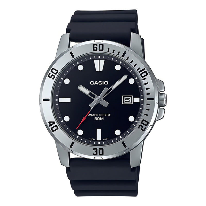 Reloj Casio Hombre Mtp-vd01-1e Resina Color De La Correa Negra Color Del Bisel Plateado Color Del Fondo Negro