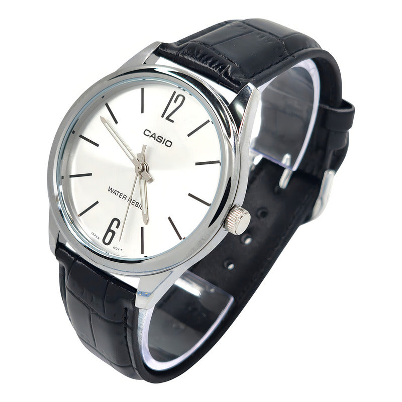 Reloj Casio Clásico Para Hombre Mtp-v005l Con Malla De Cuero Negra Negro Plateado