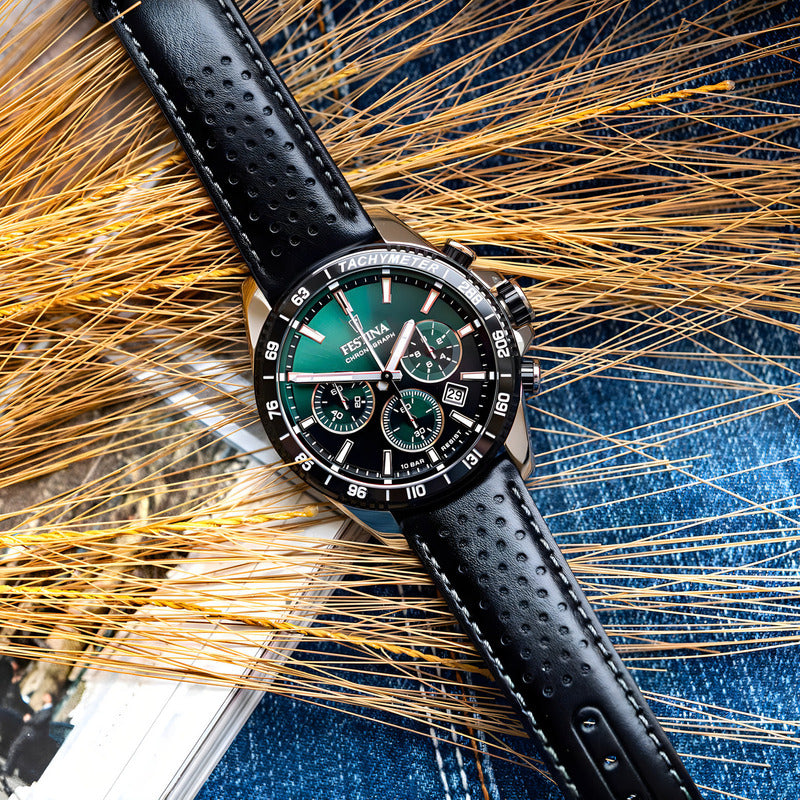 Reloj Festina Hombre Cuero Negro Verde Crono 100mts F20561.5