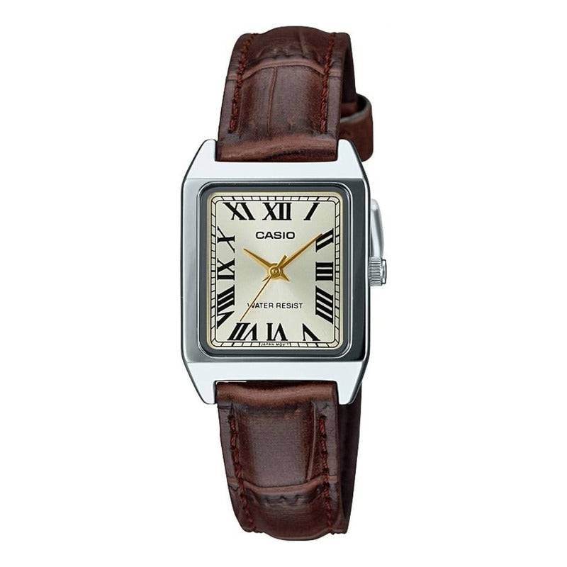 Reloj Casio Mujer Ltp V007l Numeros Romanos Caratula Dorada Correa Marron Cuero Plateado Beige