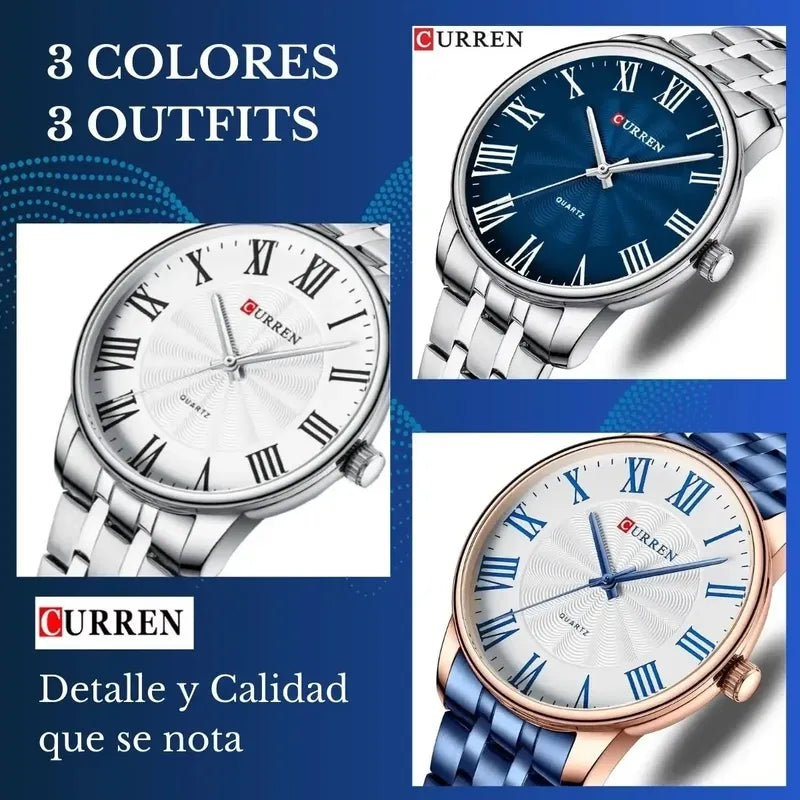 Reloj Hombre Analógico Acero Inox Clasico Vintag Curren 8422 Malla Acero Inoxidable Fondo Azul