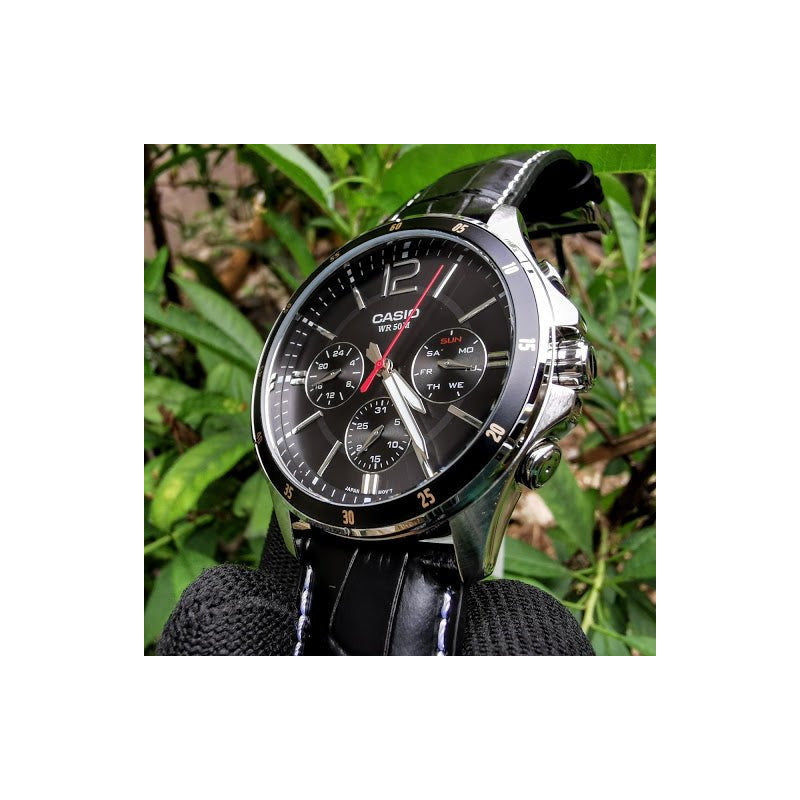 Reloj Casio Mtp-1374l-1a Hombre Multifuncion Acero Cuero 50m Wr Negro