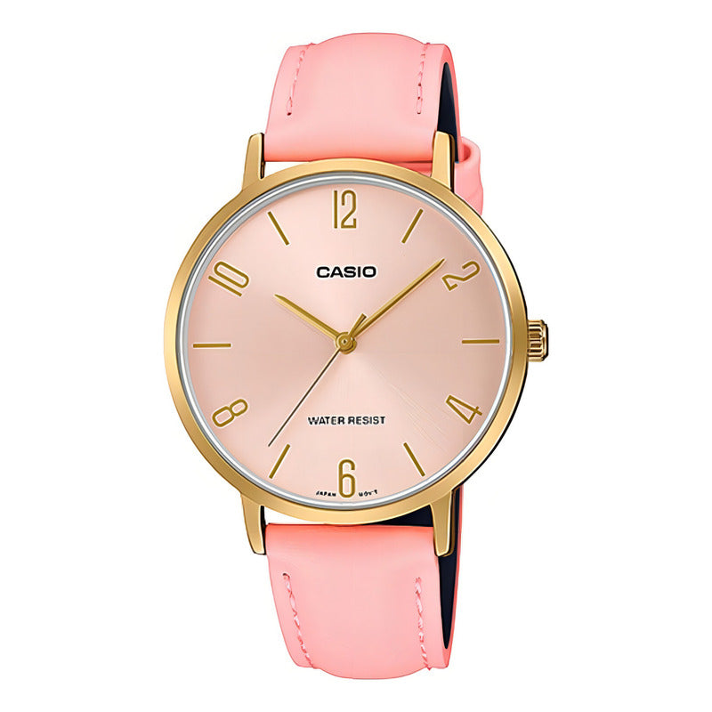Reloj De Pulsera Casio Dress Ltp-vt01gl-4b De Cuerpo Color Dorado, Analógico, Para Mujer, Fondo Rosa, Con Correa De Cuero Color Rosa, Agujas Color Dorado, Dial Dorado, Bisel Color Dorado