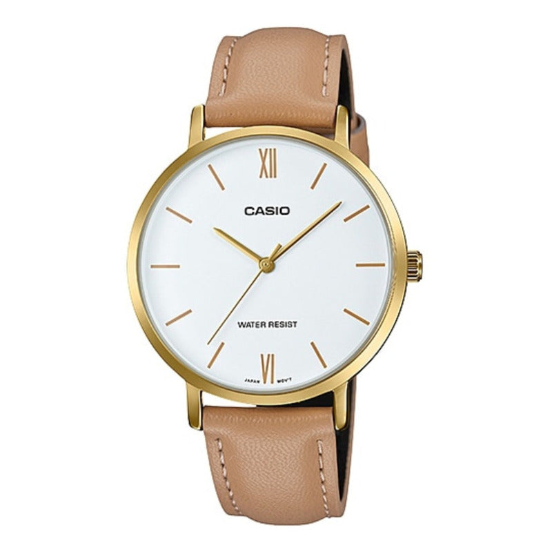Reloj De Pulsera Casio Dress Ltp-vt01gl-7b De Cuerpo Color Dorado, Analógico, Para Mujer, Fondo Blanco, Con Correa De Cuero Color Marrón Claro, Agujas Color Dorado, Bisel Color Dorado
