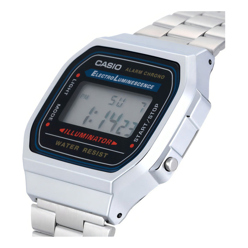 Reloj Pulsera Digital Casio A168wa-1 Con Correa De Acero Inoxidable Color Plateado - Fondo Gris/negro/azul