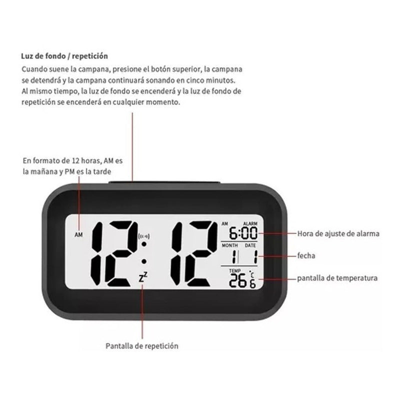 Reloj Despertador Pantalla Led Fecha Temperatura Alarma Negro