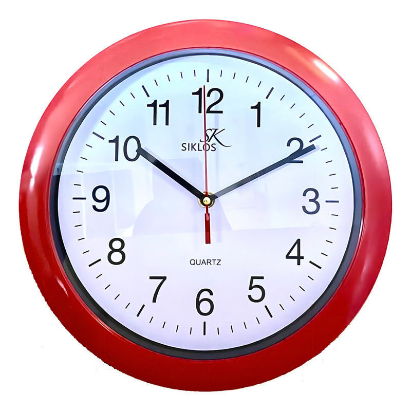 Reloj De Pared Analógico Siklos Gb8110 Rojo 28cm Vintage Silencioso Blanco