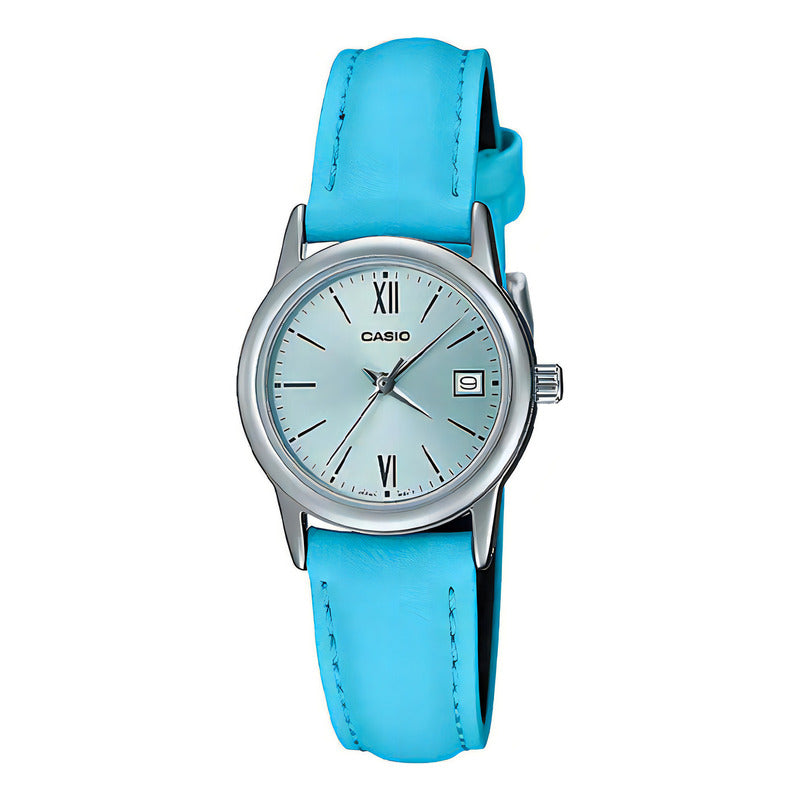 Reloj Casio Dama Ltp-v002l-2b3 De Cuero Azul Resistente Al Agua Plateado