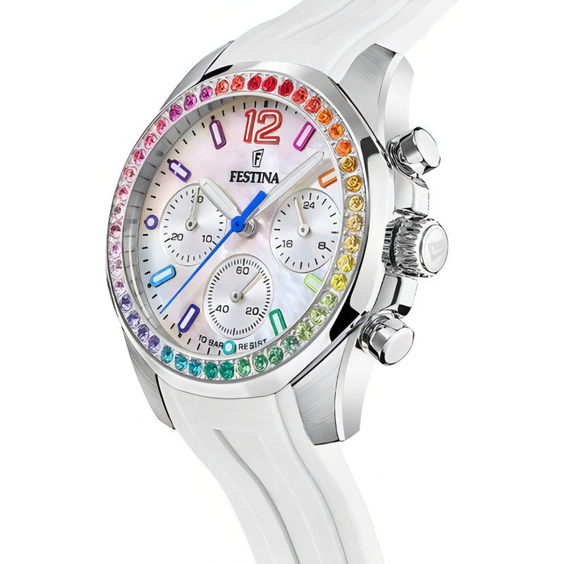 Reloj Festina Blanco Piedra Multicolor Mujer Caucho F20610.2 Color Del Fondo Nácar Color De La Malla Blanco Color Del Bisel Multicolor