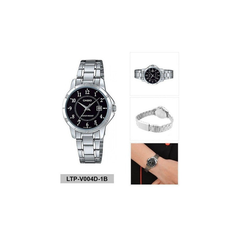Reloj Casio Mujer Ltpv004d-1b Original Plateado Negro Ltp-v004d-1b