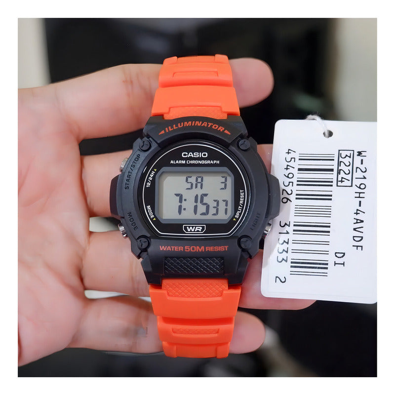 Reloj Casio W-219h-4a Naranja Wr 50m Cronometro Alarma Sumergible Negro