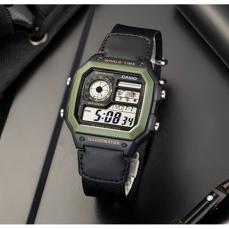 Reloj Pulsera Digital Casio Ae-1200whb-1b Con Correa De Tela Color Negro - Bisel Verde