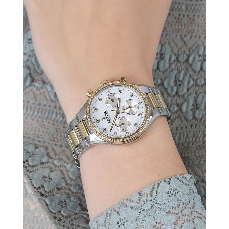 Reloj Festina Mujer Cronometro Con Piedras F20402/1 Plateado Y Dorado Dorado Con Piedras Blanco Nacarado