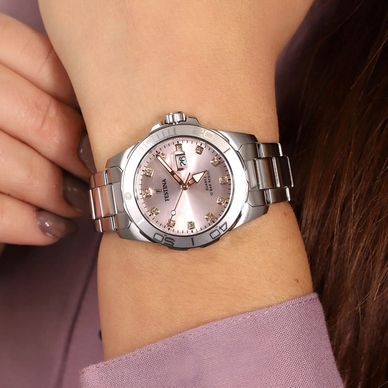 Reloj Festina Mujer Acero Piedras Rosa Fecha 100mts F20503.2 Plateado