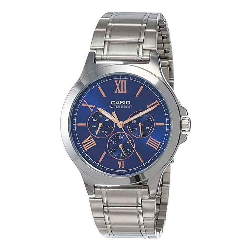 Reloj Pulsera Casio Mtp-v300 Con Correa De Acero Inoxidable Color Plateado - Fondo Azul