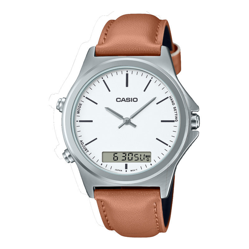Reloj Casio Hombre Mtp-vc01l-7e Analogo Digital Original Marrón Claro Plateado Blanco